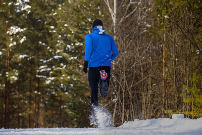 Rear view of man standing in forest