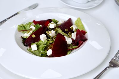 High angle view of salad served in plate