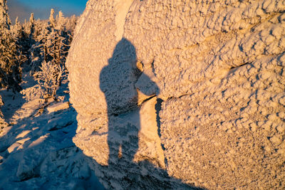 High angle view of woman on snow covered land