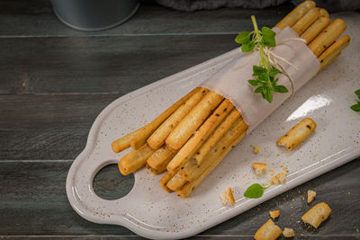 High angle view of sushi on cutting board