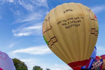 Low angle view of hot air balloon against sky