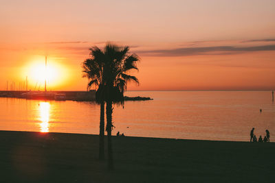 Silhouette tree by sea against orange sky