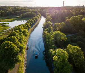 High angle aerial view of boats in river canal