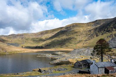 Scenic view of lake and mountains against sky