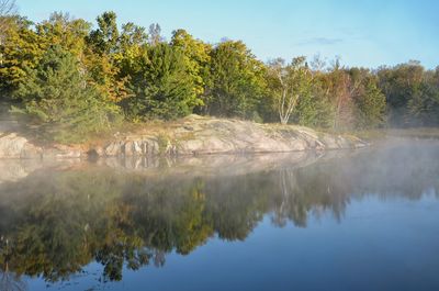 Reflection of trees in lake against sky