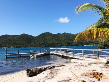 Scenic view of sea against clear blue sky