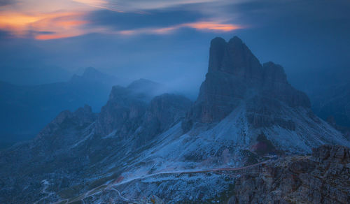 Scenic view of mountains against sky during sunset