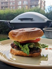 Close-up of burger in plate