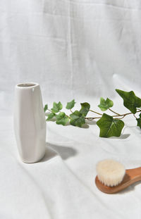 Close-up of coffee and leaves on white table