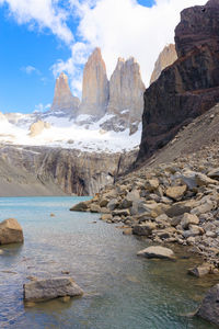 Torres del paine peaks view, chile. base las torres viewpoint. chilean patagonia landscape.