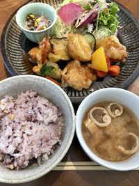 High angle view of meal served on table