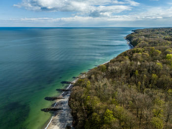 Aerial view at ballehage beach and marselisborg forest, aarhus, denmark