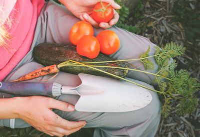 Midsection of woman with spade and vegetables sitting in garden