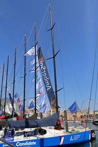 Sailboats moored in sea against clear blue sky