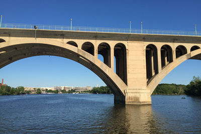 Arch bridge over river against clear blue sky