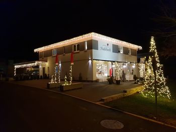 Illuminated christmas tree by street against sky at night