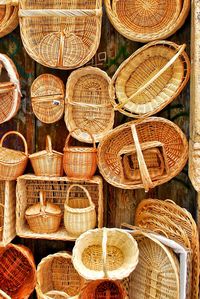 Directly above shot of wicker baskets for sale at market