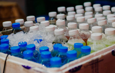 High angle view of bottles on table