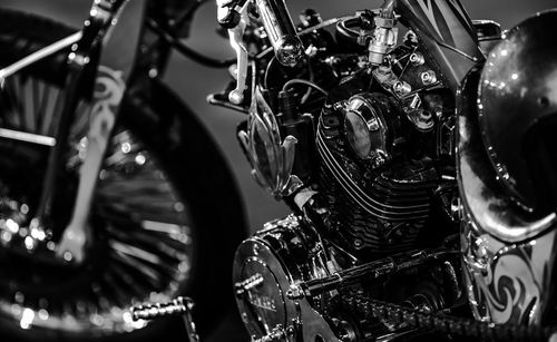 Close-up of motorcycle parts at workshop