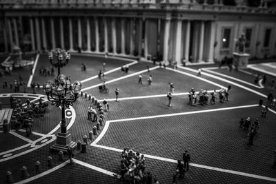 High angle view of people walking on road