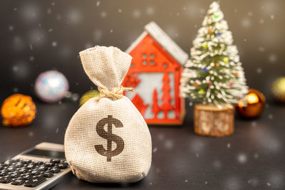 Close-up of christmas decorations on table