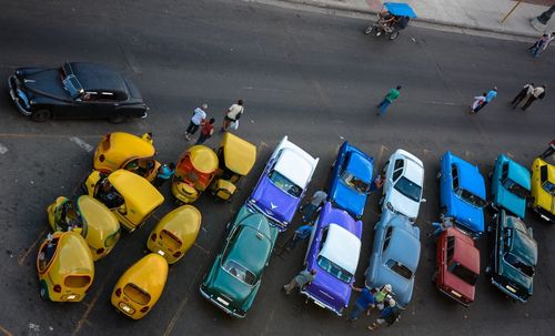 High angle view of people on street