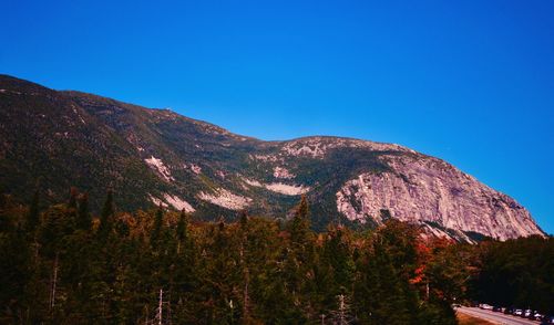 Scenic view of mountains against clear blue sky