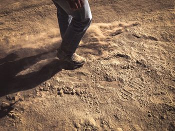 Low section of man standing on sand