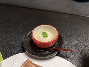 High angle view of tea cup on table