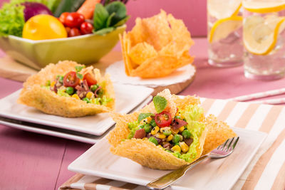 High angle view of food served on table