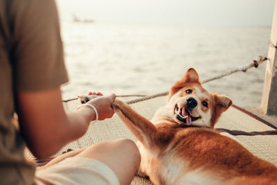 Midsection of woman with dog by water