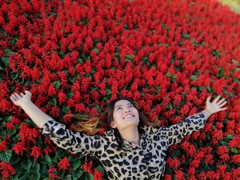 High angle view of person lying down on red flower