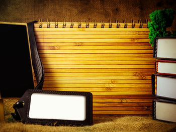 High angle view of open book on table