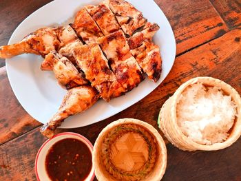 High angle view of food in plate on table