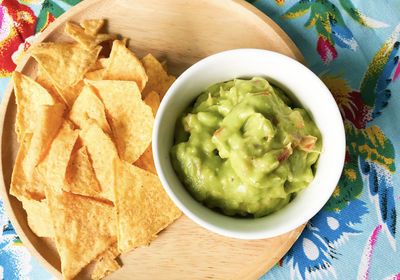 High angle view of salad in bowl on table