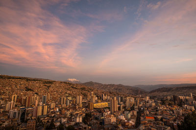 Aerial view of city at sunset