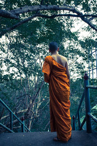 Rear view of man standing by railing against trees