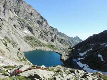 Scenic view of lake and mountains against clear sky