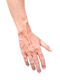 Close-up of human hand over white background