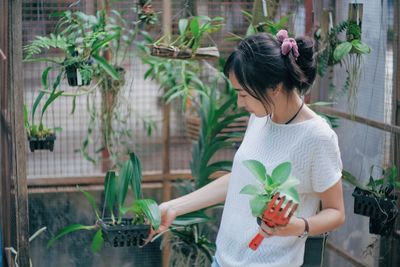 Side view of young woman examining plants in greenhouse