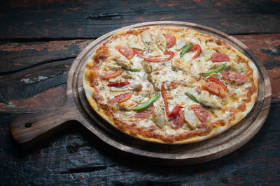 High angle view of pizza on table