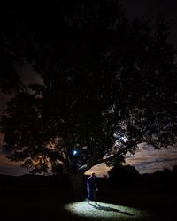 Silhouette woman standing by tree on field against sky at night