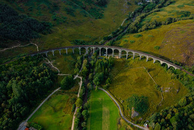 Glenfinnan historic rail viaduct in scottish highlands. full frame wide angle view in clouds day