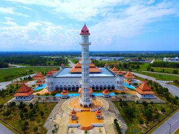 Aerial view of city against cloudy sky