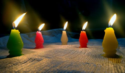 Lit candles on birthday cake
