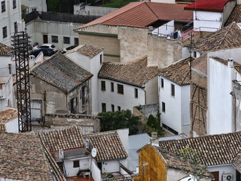 High angle view of residential buildings in city