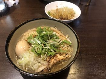 High angle view of rice in bowl on table