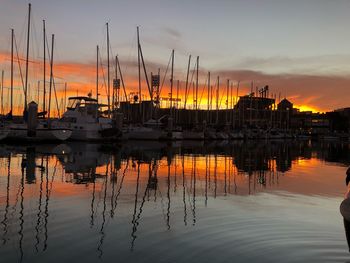 Sailboats moored at harbor against sky during sunset