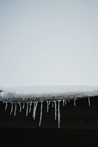 Close-up of icicles against clear sky during winter