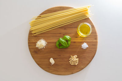 High angle view of food on table against white background